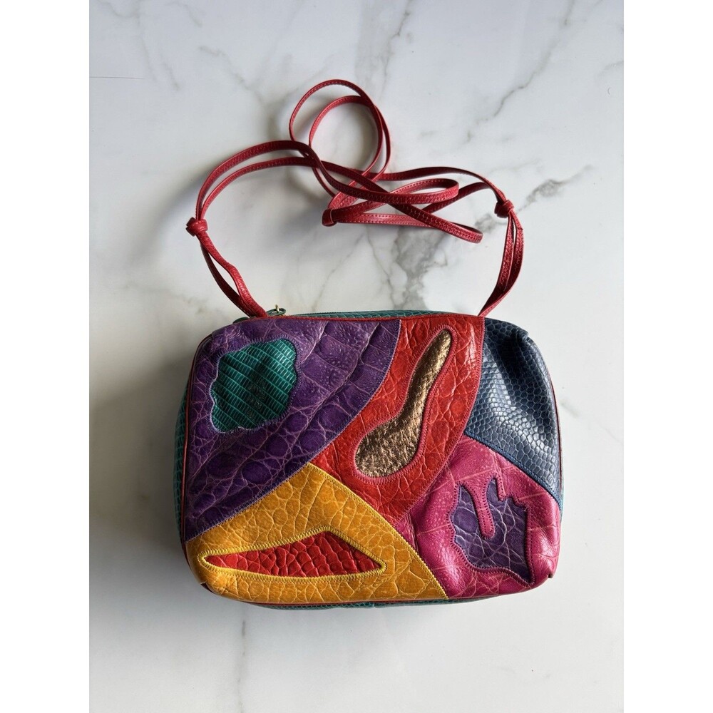 Vintage 80s Sharif USA Patchwork Leather Crossbody Bag Abstract Colorblock